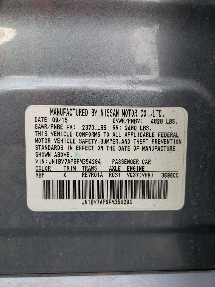2015 Infiniti Q50 VIN JN1BV7AP9FM354294 Copart auction photo, front end / side damage thumbnail 14