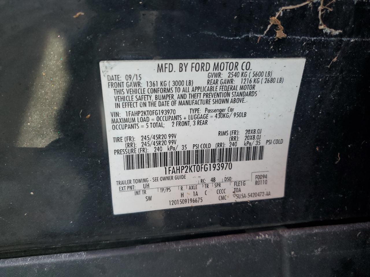 2015 Ford Taurus VIN 1FAHP2KT0FG193970 Copart auction photo, water/flood damage thumbnail 12
