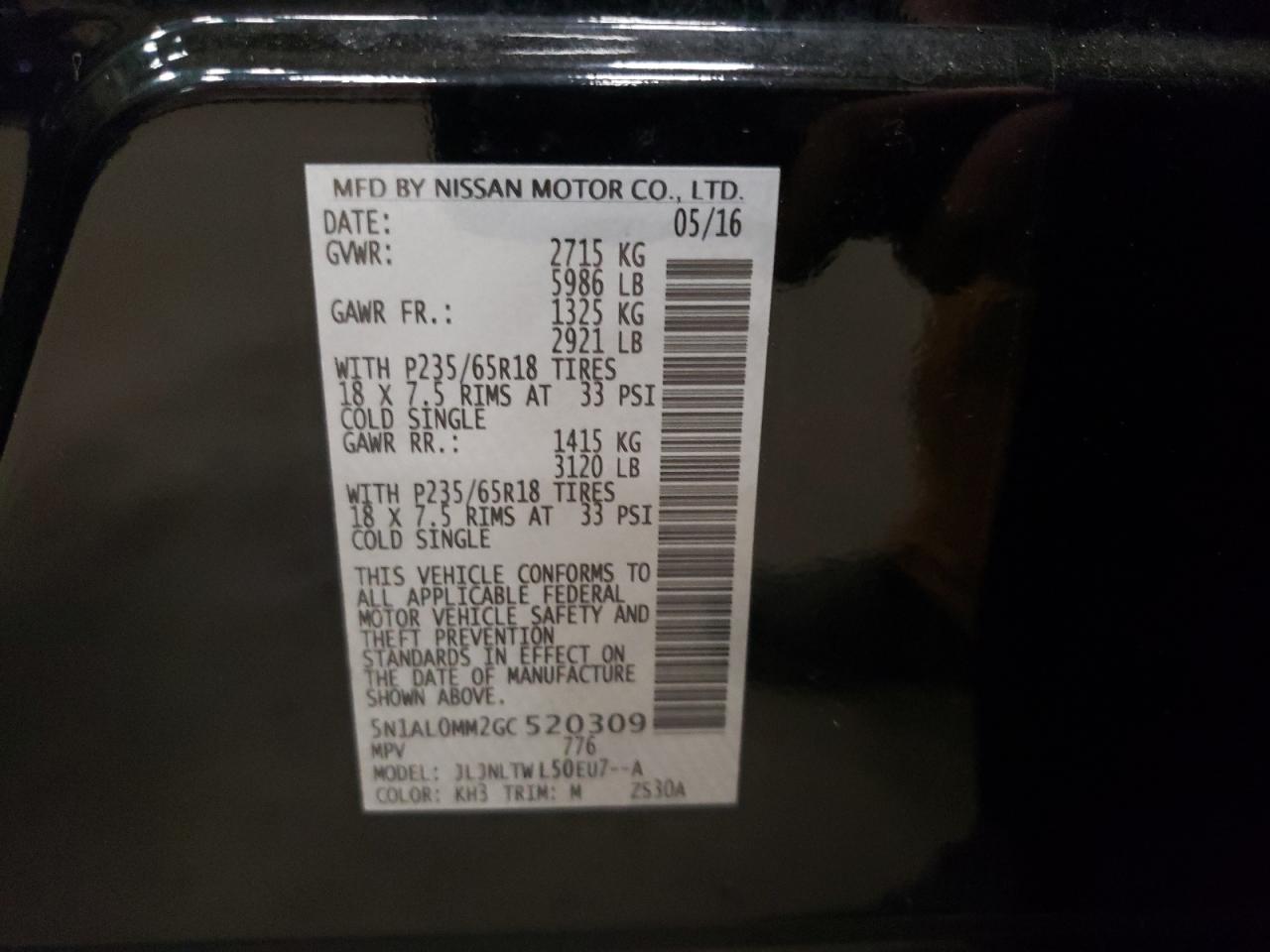 2016 Infiniti QX60 VIN 5N1AL0MM2GC520309 Copart auction photo, rear end damage thumbnail 13