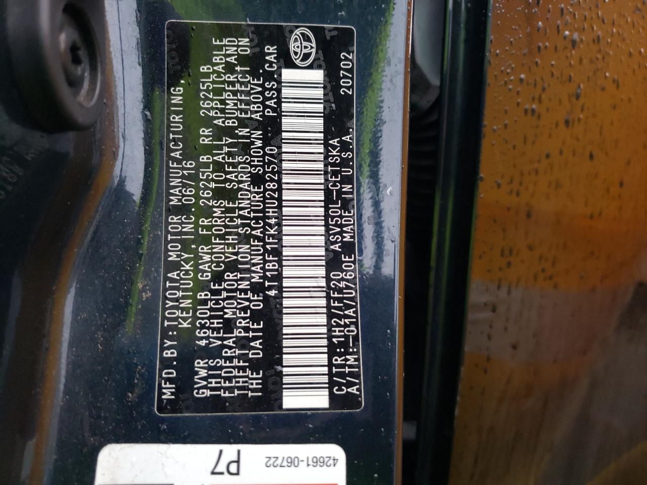 2017 Toyota Camry VIN 4T1BF1FK4HU282570 Copart auction photo, front end damage thumbnail 12