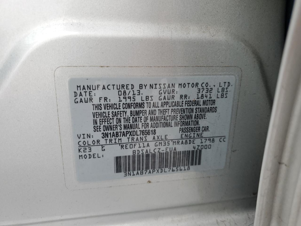 2013 Nissan Sentra VIN 3N1AB7APXDL765618 Copart auction photo, front end / side damage thumbnail 12