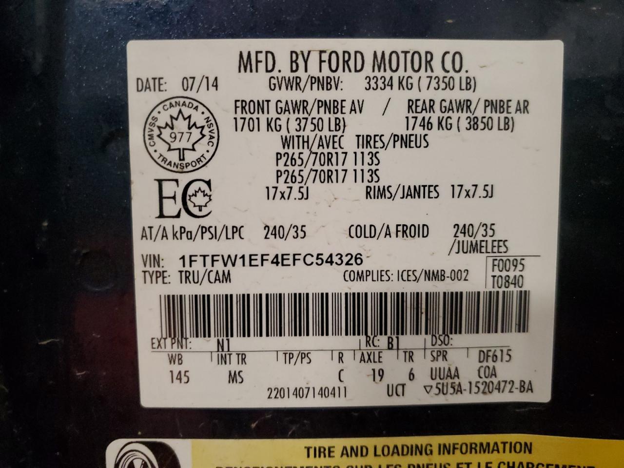 2014 Ford F-150 VIN 1FTFW1EF4EFC54326 Copart auction photo, side damage thumbnail 12