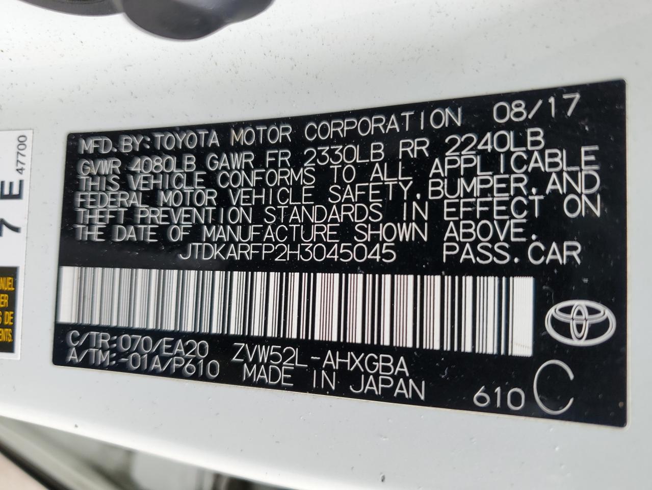 2017 Toyota Prius VIN JTDKARFP2H3045045 Copart auction photo, front end / undercarriage damage thumbnail 12