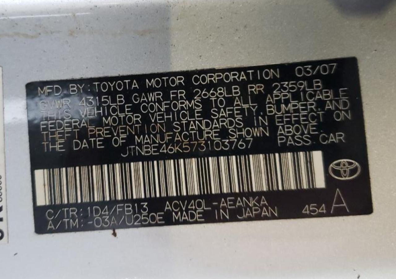 2007 Toyota Camry VIN JTNBE46K573103767 Copart auction photo, rear end damage thumbnail 12
