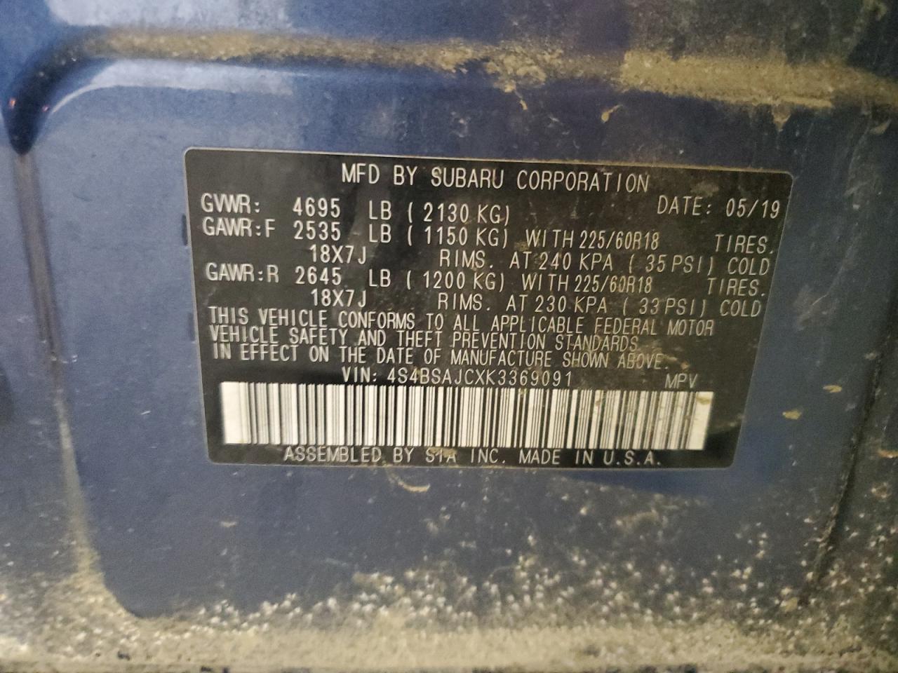 2019 Subaru Outback VIN 4S4BSAJCXK3369091 Copart auction photo, front end damage thumbnail 14
