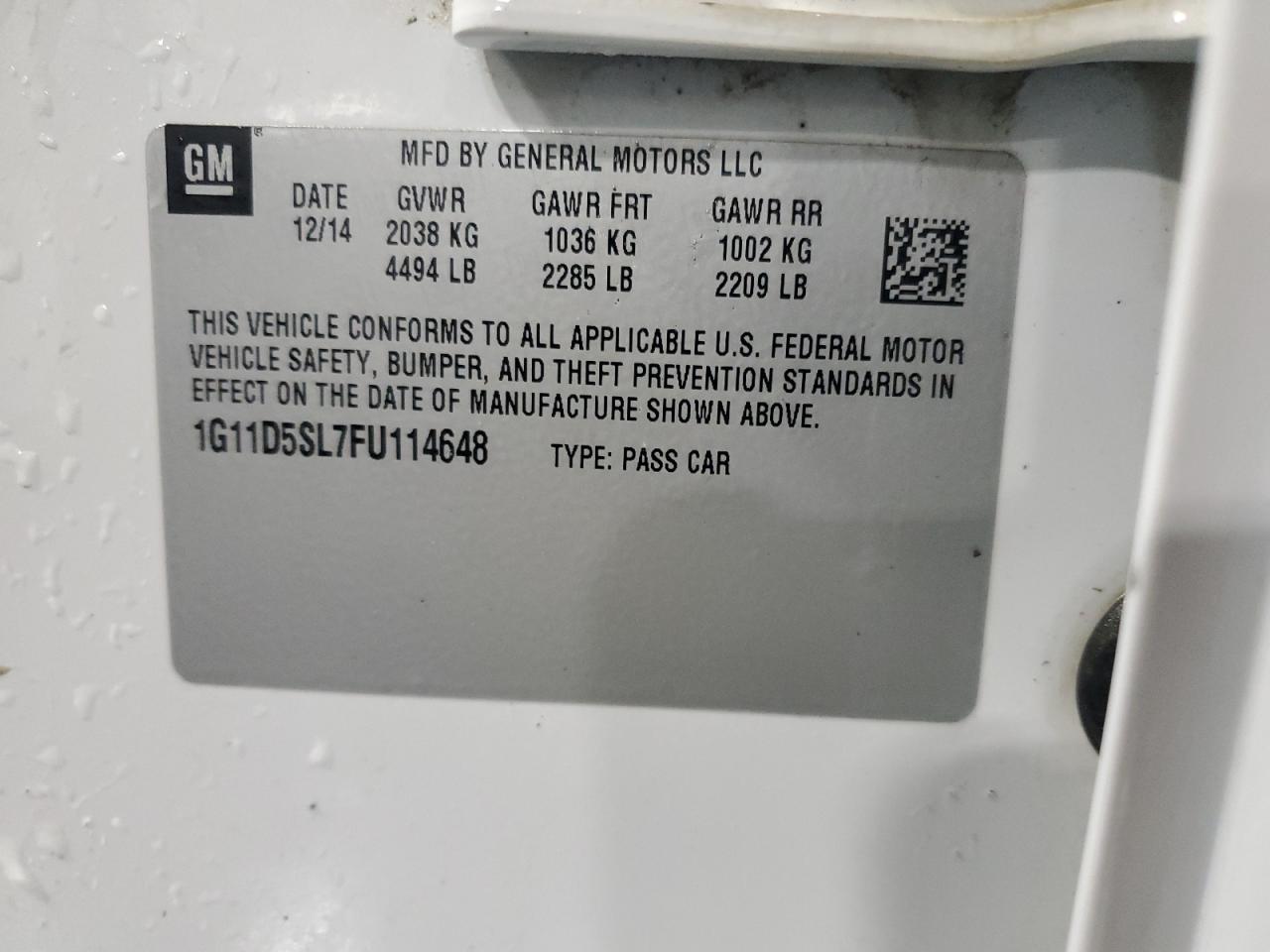 2015 Chevrolet Malibu VIN 1G11D5SL7FU114648 Copart auction photo, rear end damage thumbnail 13