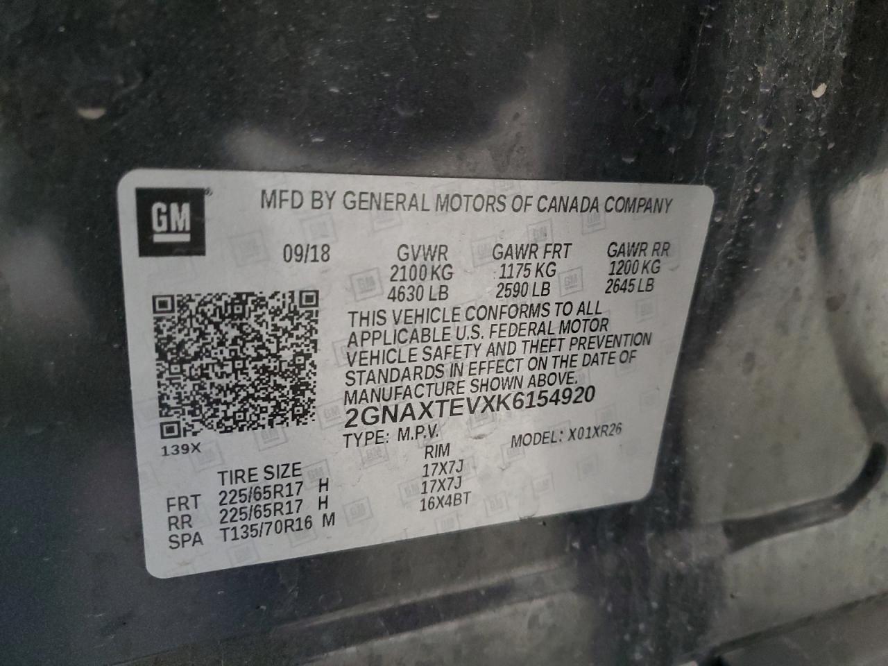 2019 Chevrolet Equinox VIN 2GNAXTEVXK6154920 Copart auction photo, front end damage thumbnail 13