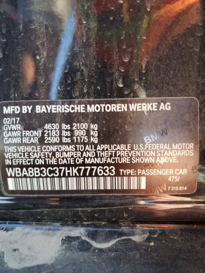 2017 BMW 3er VIN WBA8B3C37HK777633 Copart auction photo, front end / undercarriage damage thumbnail 13