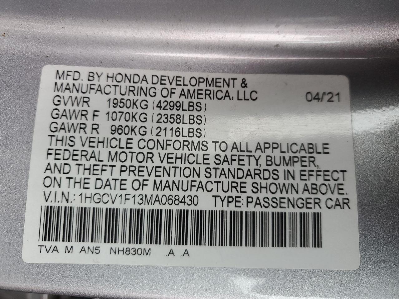 2021 Honda Accord VIN 1HGCV1F13MA068430 Copart auction photo, rear end damage thumbnail 12