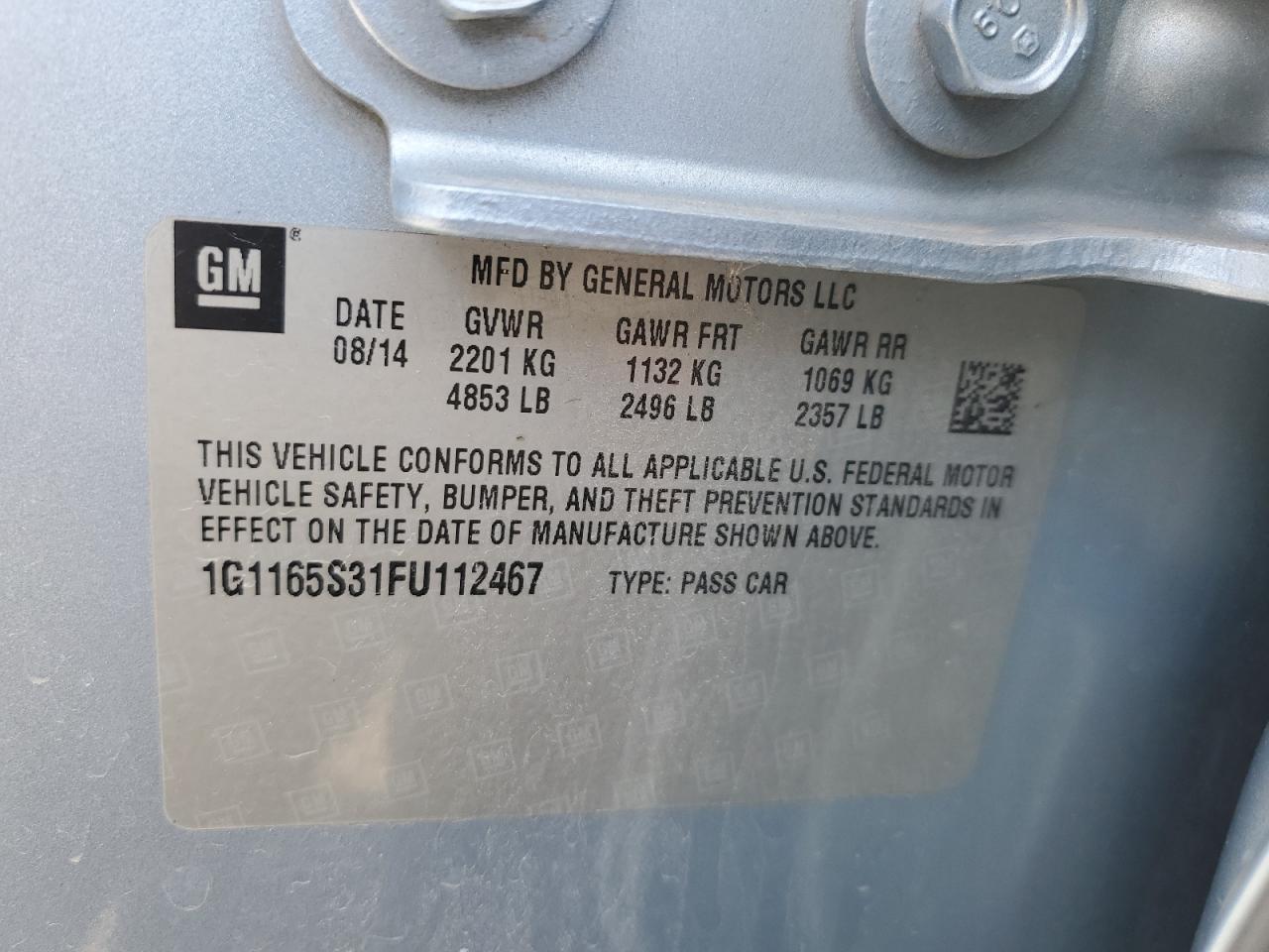 2015 Chevrolet Impala VIN 1G1165S31FU112467 Copart auction photo, rear end / undercarriage damage thumbnail 12