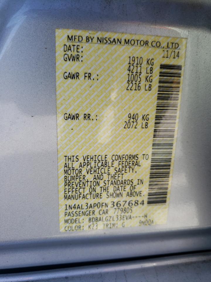 2015 Nissan Altima VIN 1N4AL3AP0FN367684 Copart auction photo, front end / side damage thumbnail 14