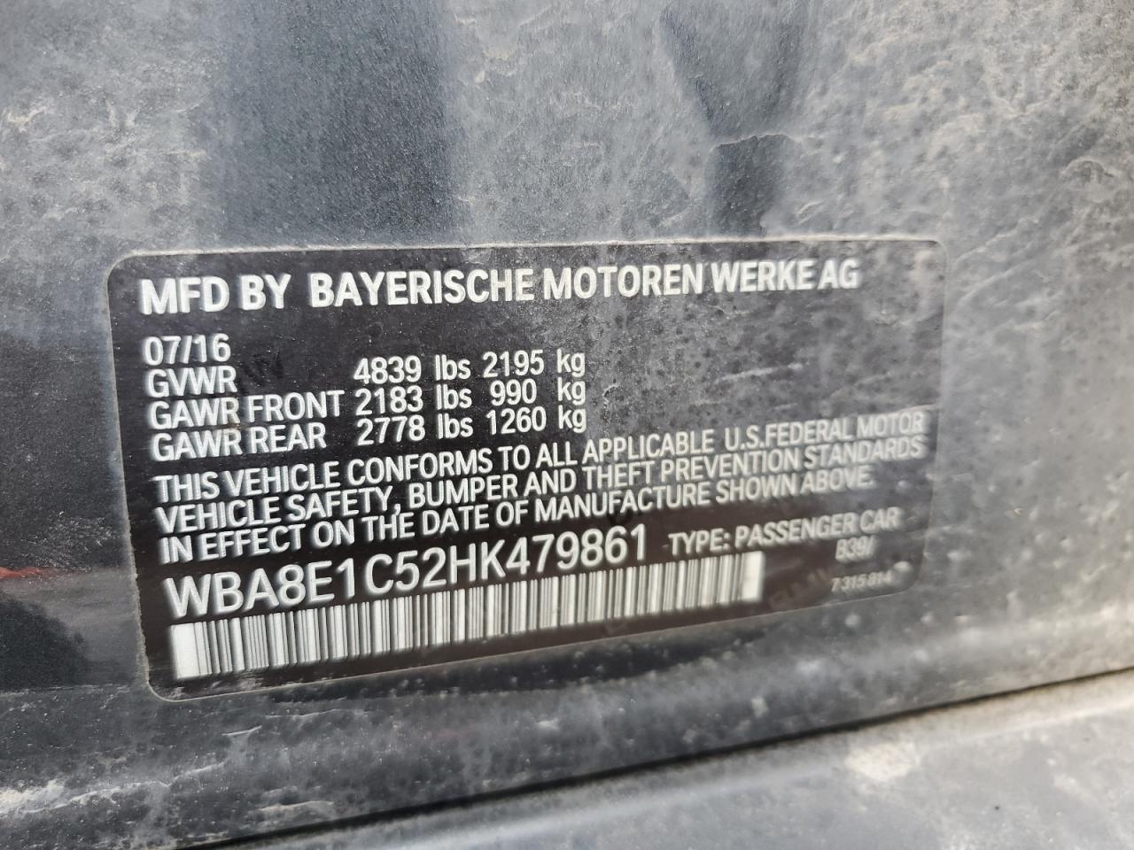 2017 BMW 3er VIN WBA8E1C52HK479861 Copart auction photo, front end damage thumbnail 12