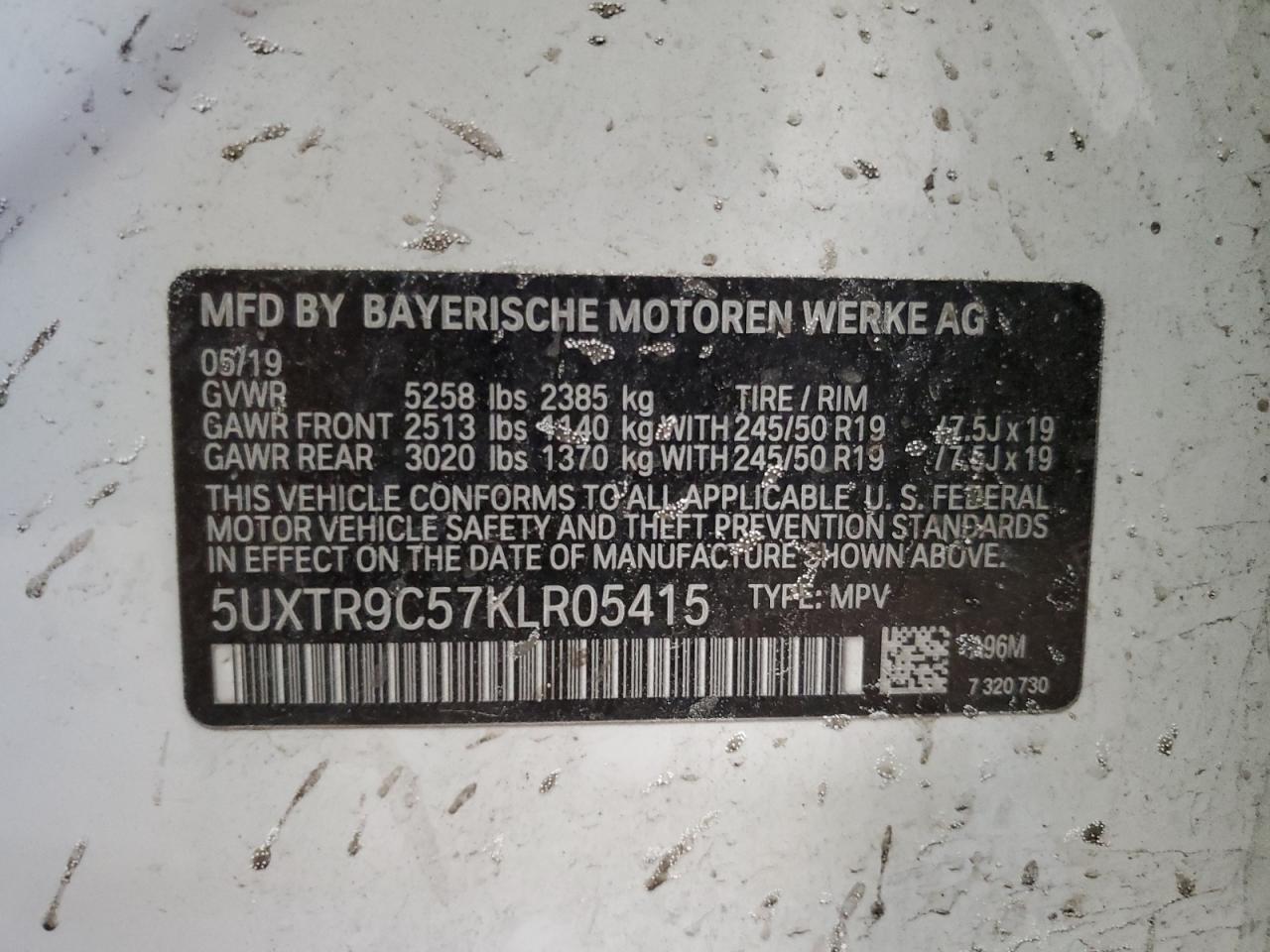 2019 BMW X3 VIN 5UXTR9C57KLR05415 Copart auction photo, front end damage thumbnail 16
