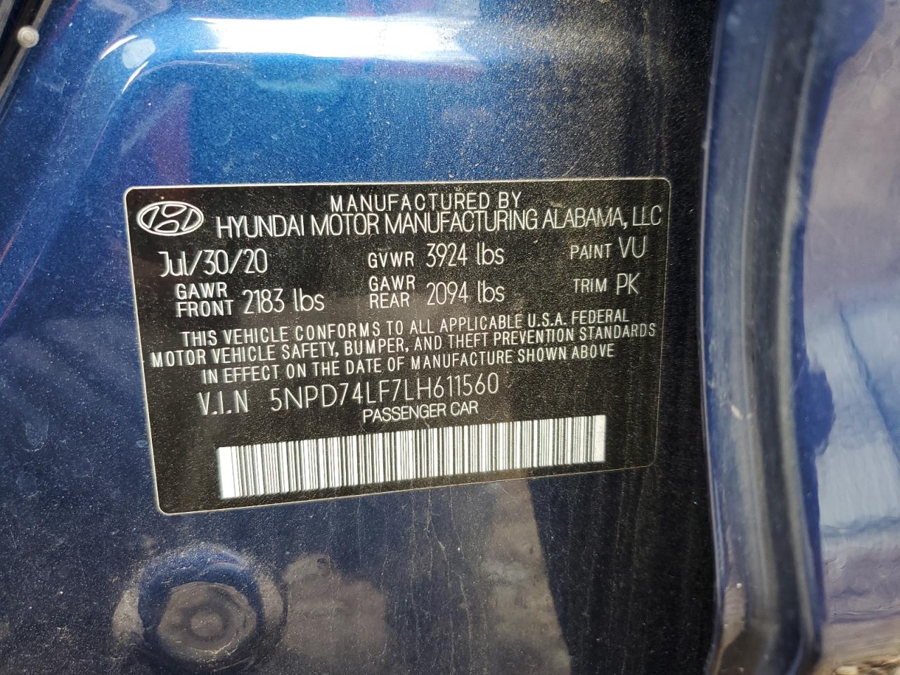2020 Hyundai Elantra VIN 5NPD74LF7LH611560 Copart auction photo, front end / rear end damage thumbnail 14