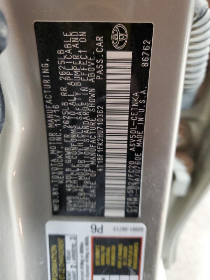 2017 Toyota Camry VIN 4T1BF1FK2HU710362 Copart auction photo, front end / side damage thumbnail 14