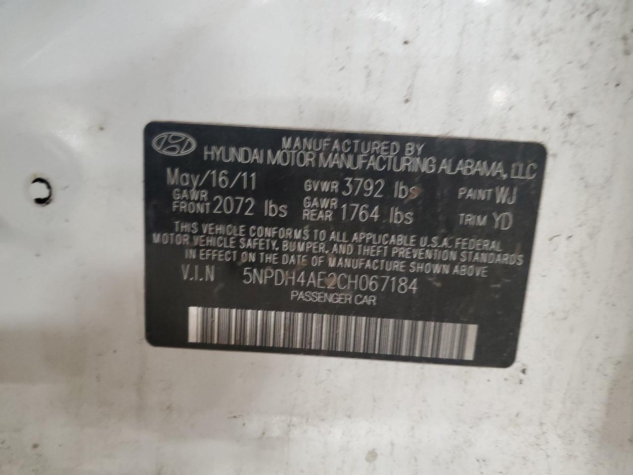 2012 Hyundai Elantra VIN 5NPDH4AE2CH067184 Copart auction photo, front end damage thumbnail 12