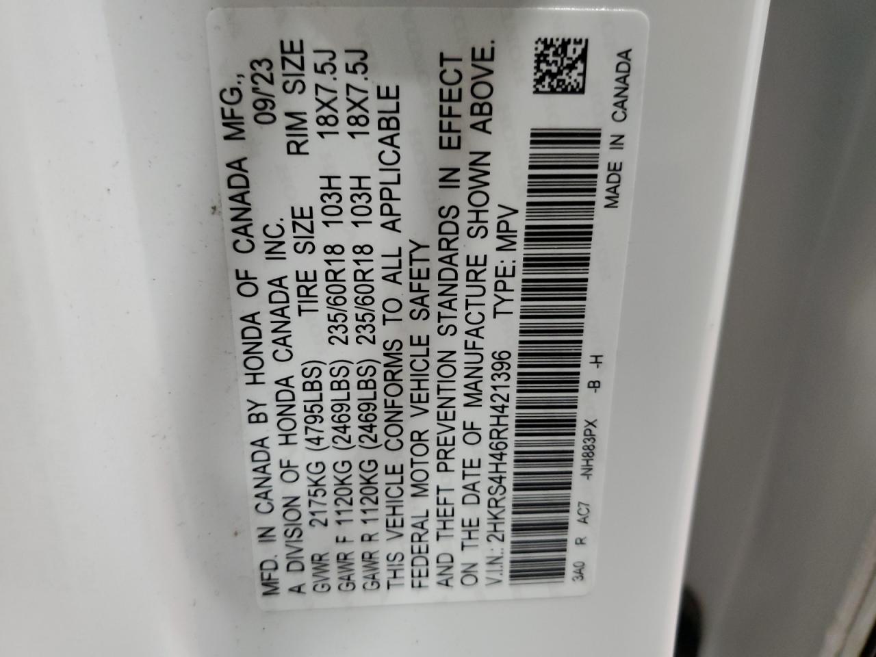 2024 Honda CR-V VIN 2HKRS4H46RH421396 Copart auction photo, front end / side damage thumbnail 14