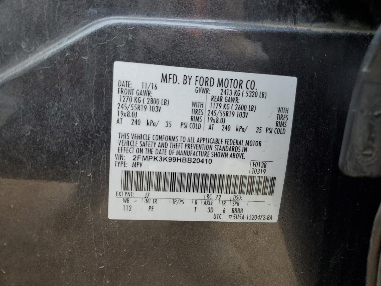 2017 Ford Edge VIN 2FMPK3K99HBB20410 Copart auction photo, front end damage thumbnail 12