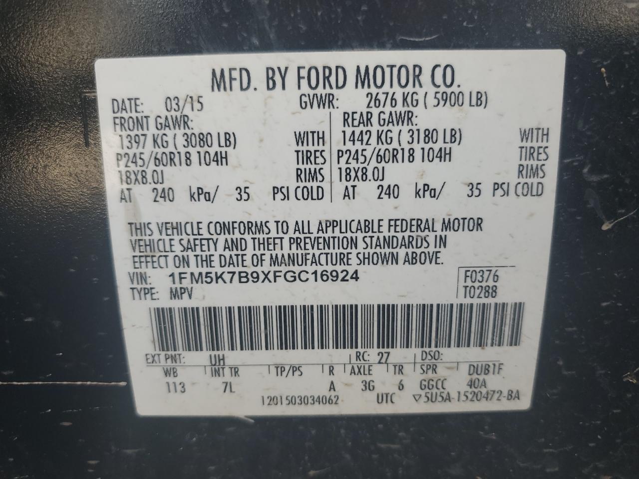 2015 Ford Explorer VIN 1FM5K7B9XFGC16924 Copart auction photo, front end / minor dent/scratches damage thumbnail 15