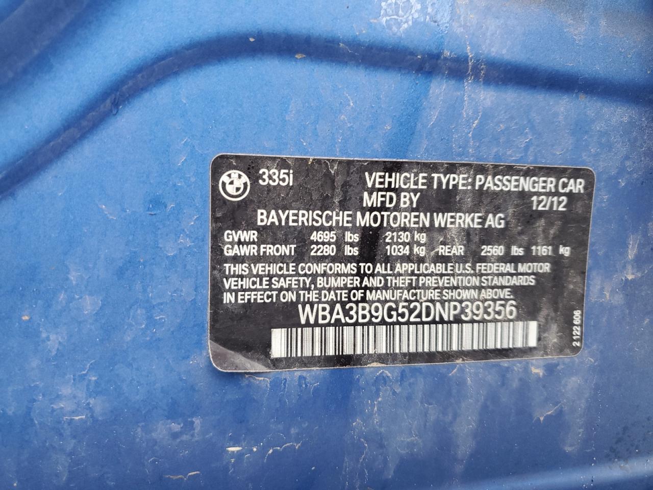 2013 BMW 3er VIN WBA3B9G52DNP39356 Copart auction photo, frame damage / side damage thumbnail 12