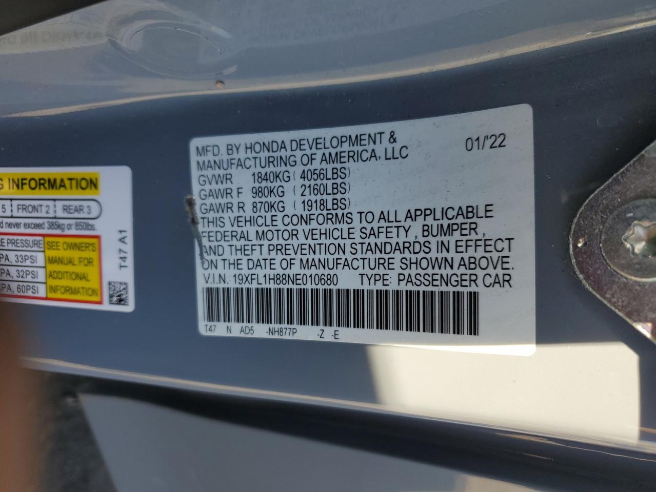 2022 Honda Civic VIN 19XFL1H88NE010680 Copart auction photo, front end damage thumbnail 13