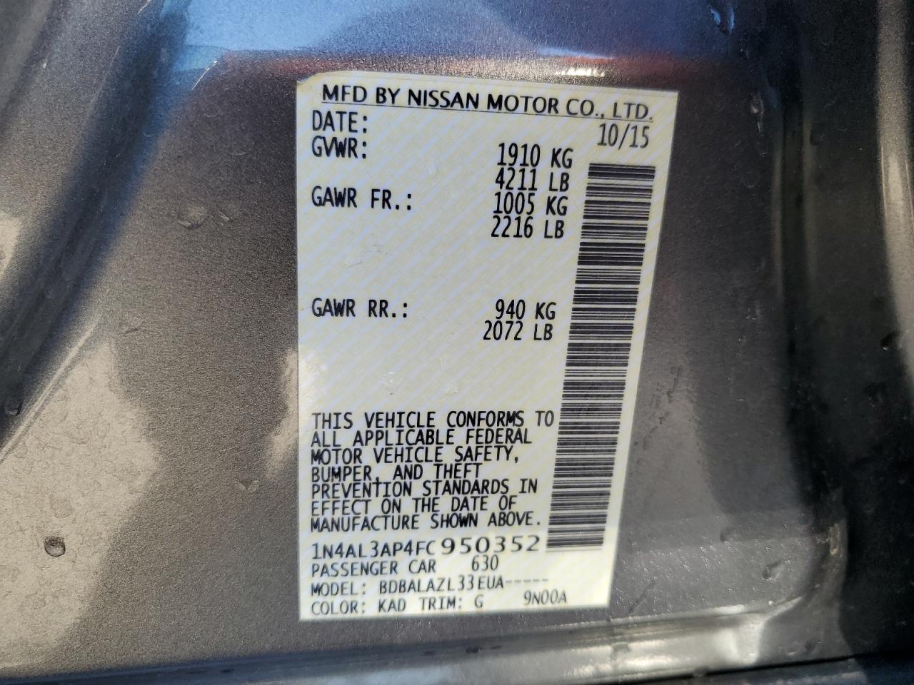 2015 Nissan Altima VIN 1N4AL3AP4FC950352 Copart auction photo, front end / side damage thumbnail 13