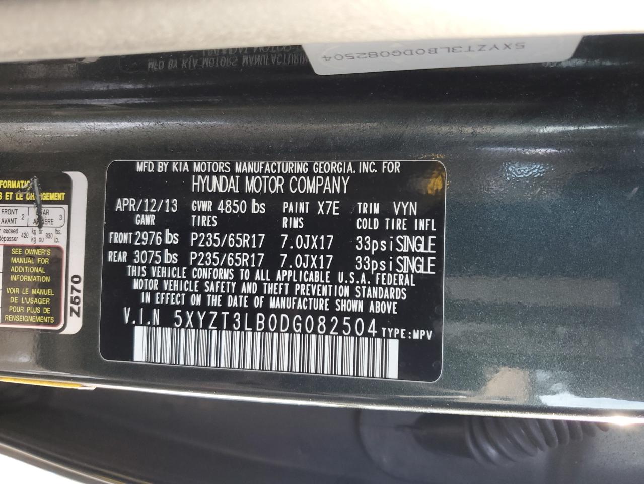 2013 Hyundai Santa Fe VIN 5XYZT3LB0DG082504 Copart auction photo, rear end / minor dent/scratches damage thumbnail 13