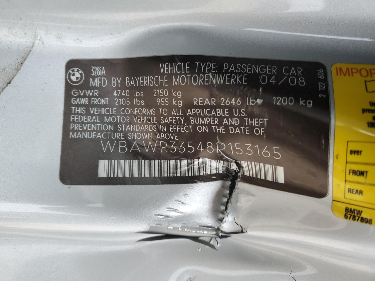 2008 BMW 3er VIN WBAWR33548P153165 Copart auction photo, all over / rear end damage thumbnail 15