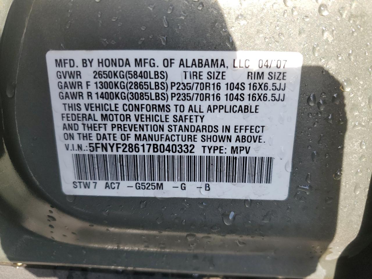 2007 Honda Pilot VIN 5FNYF28617B040332 Copart auction photo, top/roof damage thumbnail 12