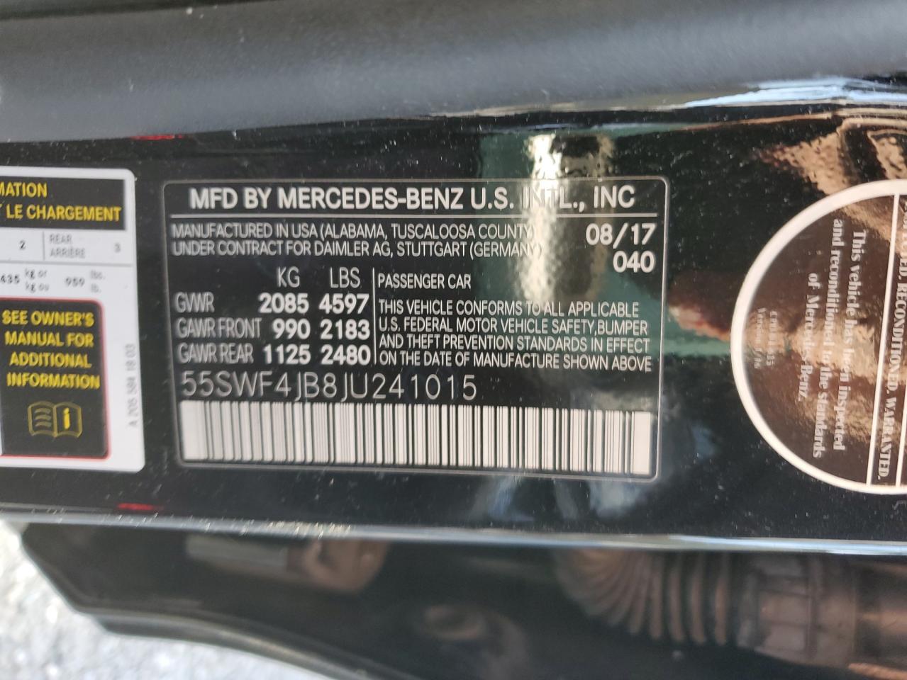 2018 Mercedes-Benz C-klasse VIN 55SWF4JB8JU241015 Copart auction photo, front end damage thumbnail 12
