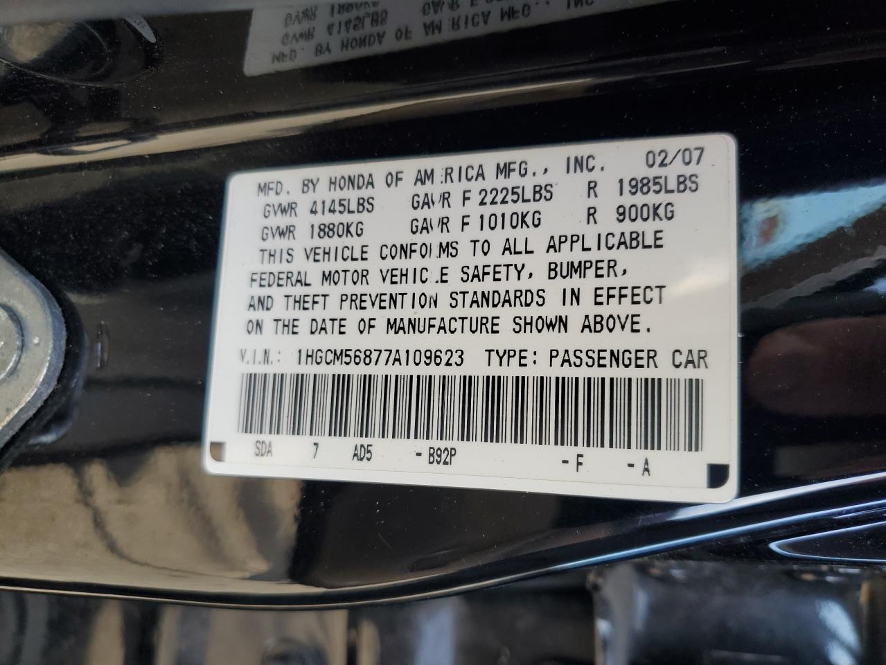 2007 Honda Accord VIN 1HGCM56877A109623 Copart auction photo, mechanical / vandalism damage thumbnail 14