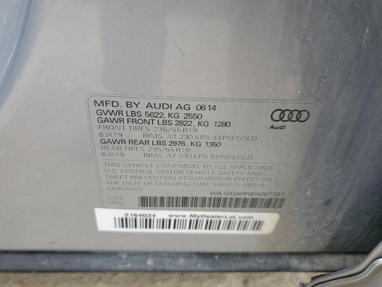 2015 Audi Q5 VIN WA1DGAFP9FA007341 Copart auction photo, front end / side damage thumbnail 13