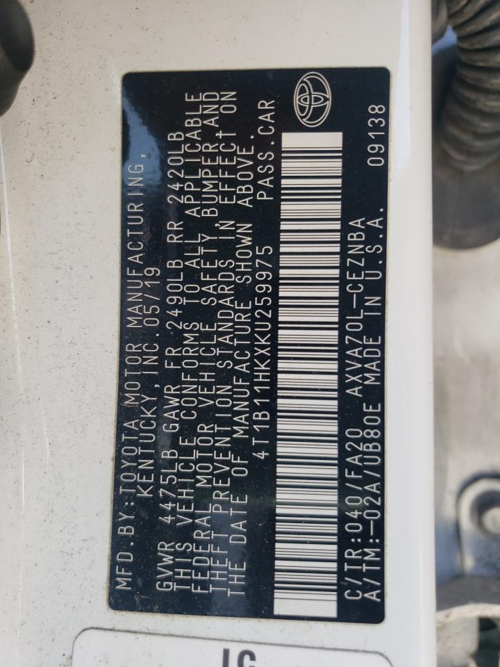 2019 Toyota Camry VIN 4T1B11HKXKU259975 Copart auction photo, all over damage thumbnail 12