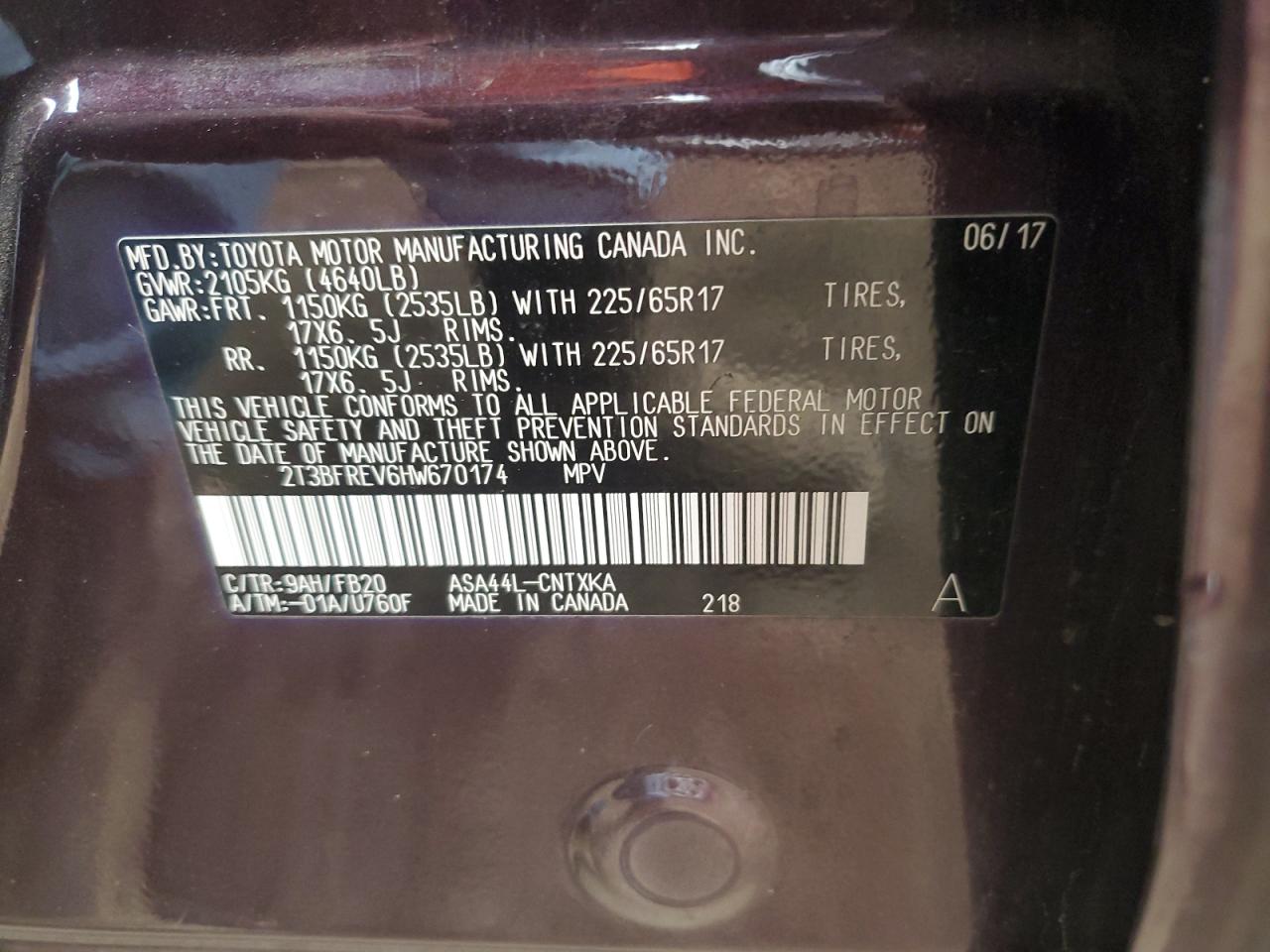 2017 Toyota RAV 4 VIN 2T3BFREV6HW670174 Copart auction photo, all over damage thumbnail 14