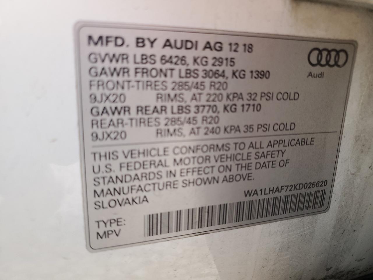 2019 Audi Q7 VIN WA1LHAF72KD025620 Copart auction photo, front end damage thumbnail 13