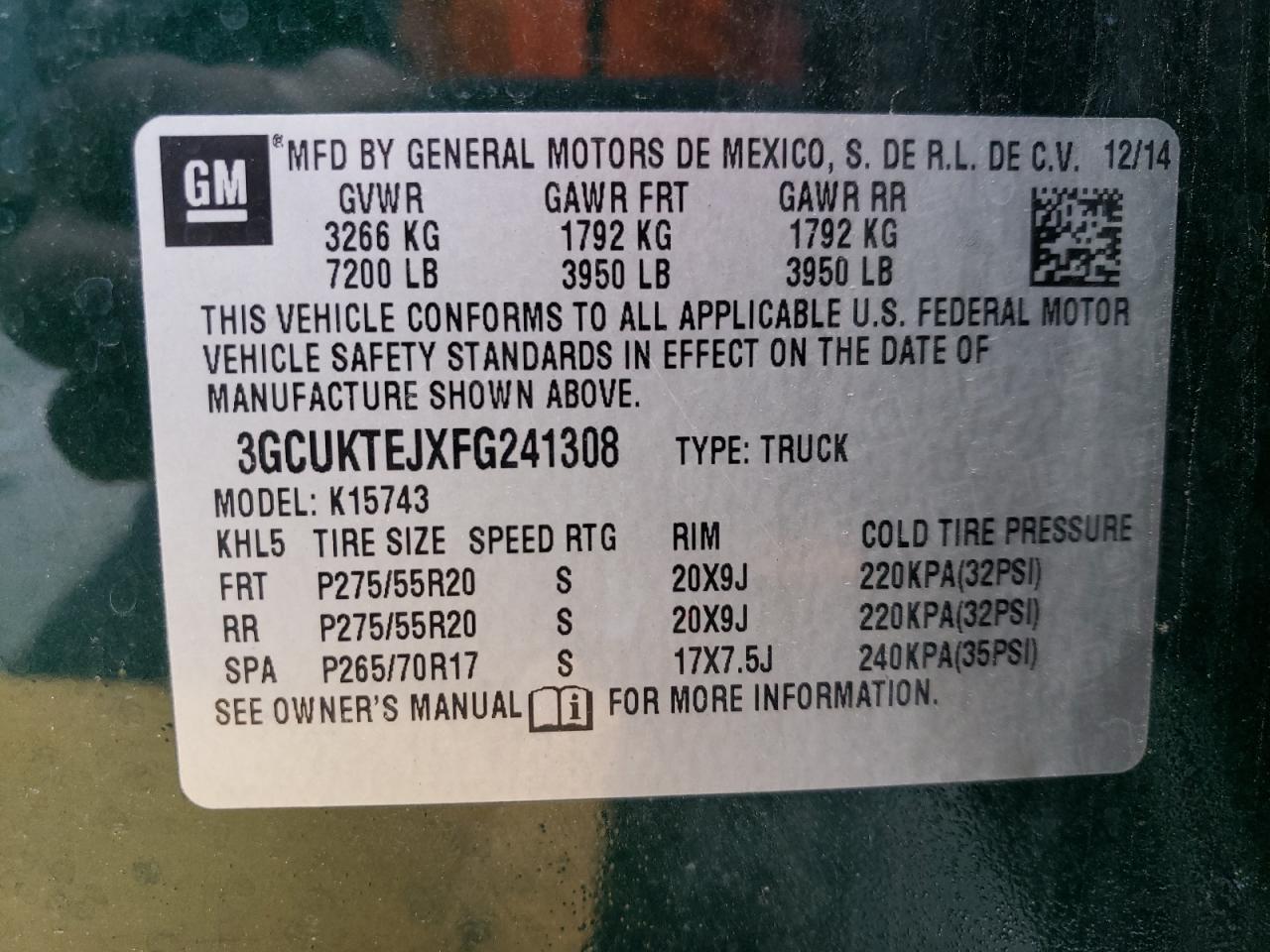 2015 Chevrolet Silverado VIN 3GCUKTEJXFG241308 Copart auction photo, hail / side damage thumbnail 12