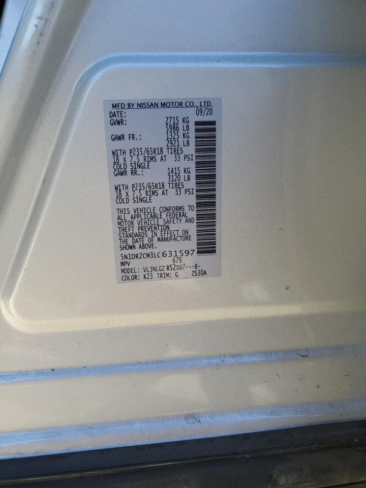 2020 Nissan Pathfinder VIN 5N1DR2CM3LC631597 Copart auction photo, rear end damage thumbnail 14