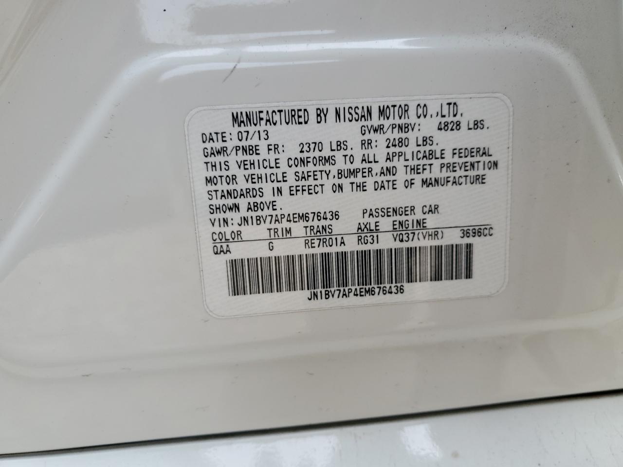2014 Infiniti Q50 VIN JN1BV7AP4EM676436 Copart auction photo, side / front end damage thumbnail 12