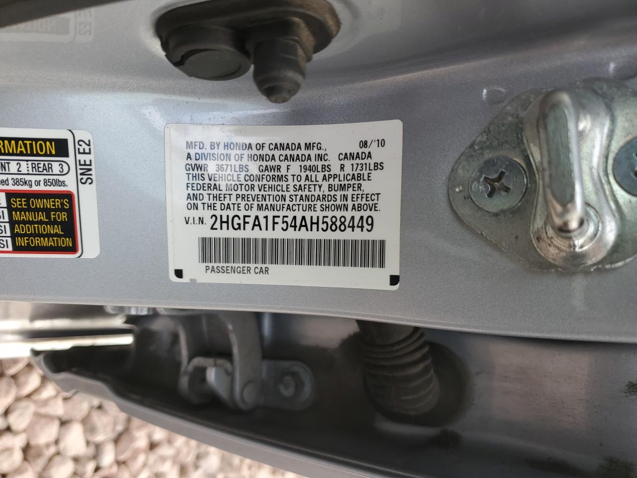 2010 Honda Civic VIN 2HGFA1F54AH588449 Copart auction photo, side / front end damage thumbnail 14