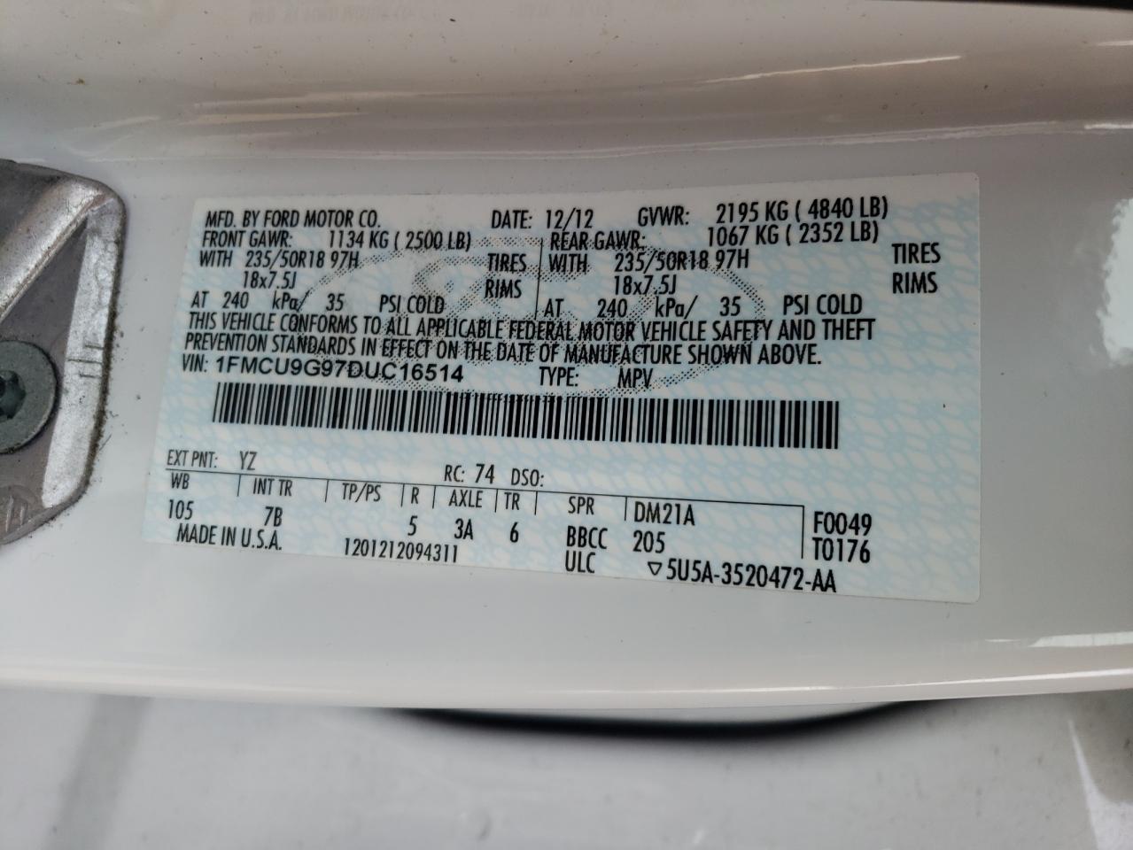 2013 Ford Escape VIN 1FMCU9G97DUC16514 Copart auction photo, front end damage thumbnail 12