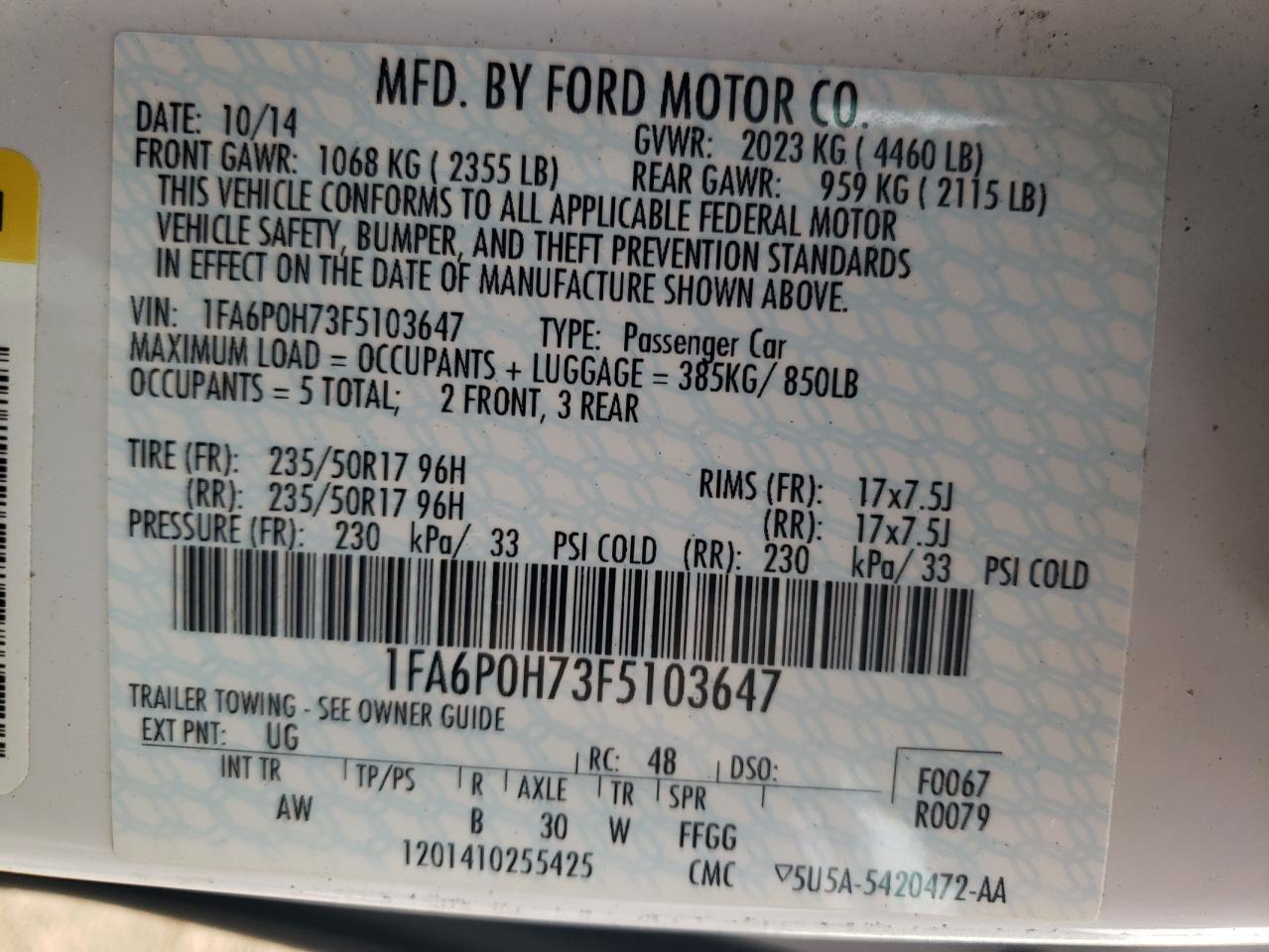 2015 Ford Fusion VIN 1FA6P0H73F5103647 Copart auction photo, front end damage thumbnail 12