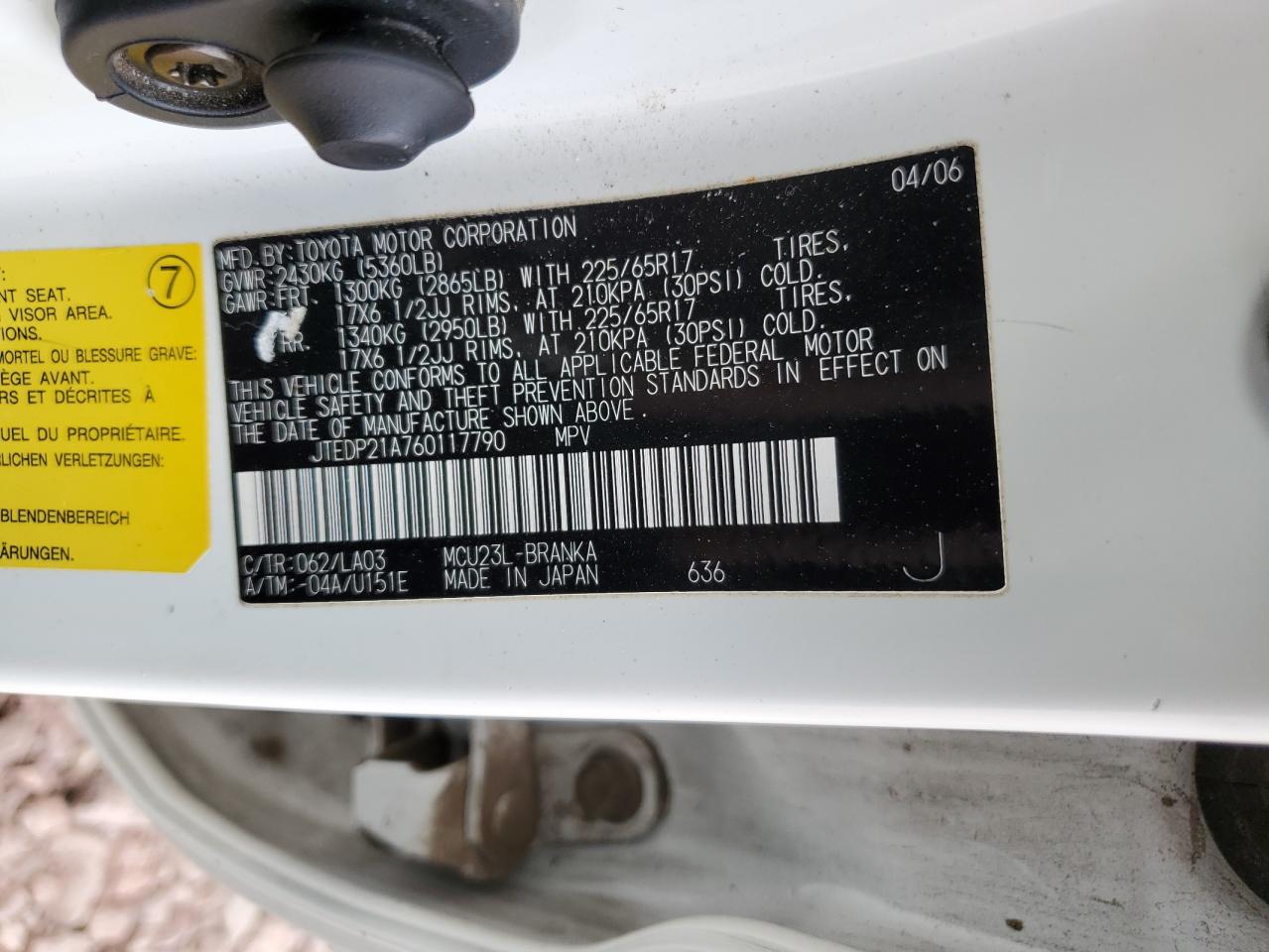 2006 Toyota Highlander VIN JTEDP21A760117790 Copart auction photo, front end / side damage thumbnail 15