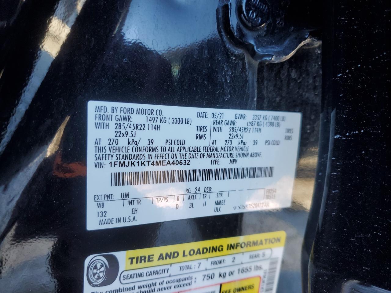 2021 Ford Expedition VIN 1FMJK1KT4MEA40632 Copart auction photo, front end damage thumbnail 13