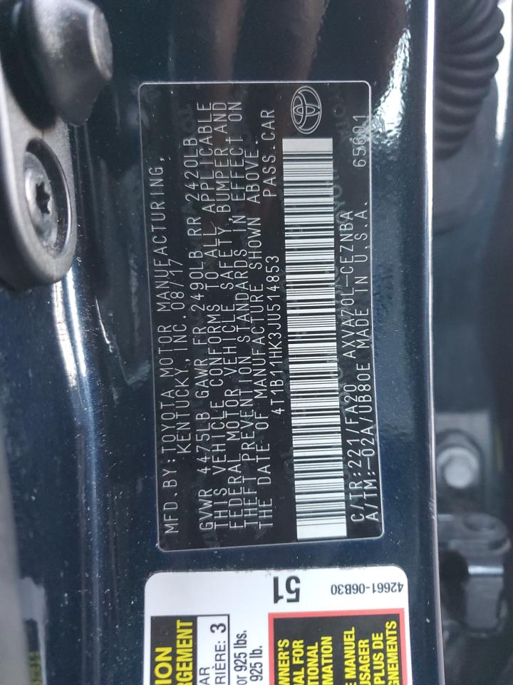 2018 Toyota Camry VIN 4T1B11HK3JU514853 Copart auction photo, rear end damage thumbnail 12