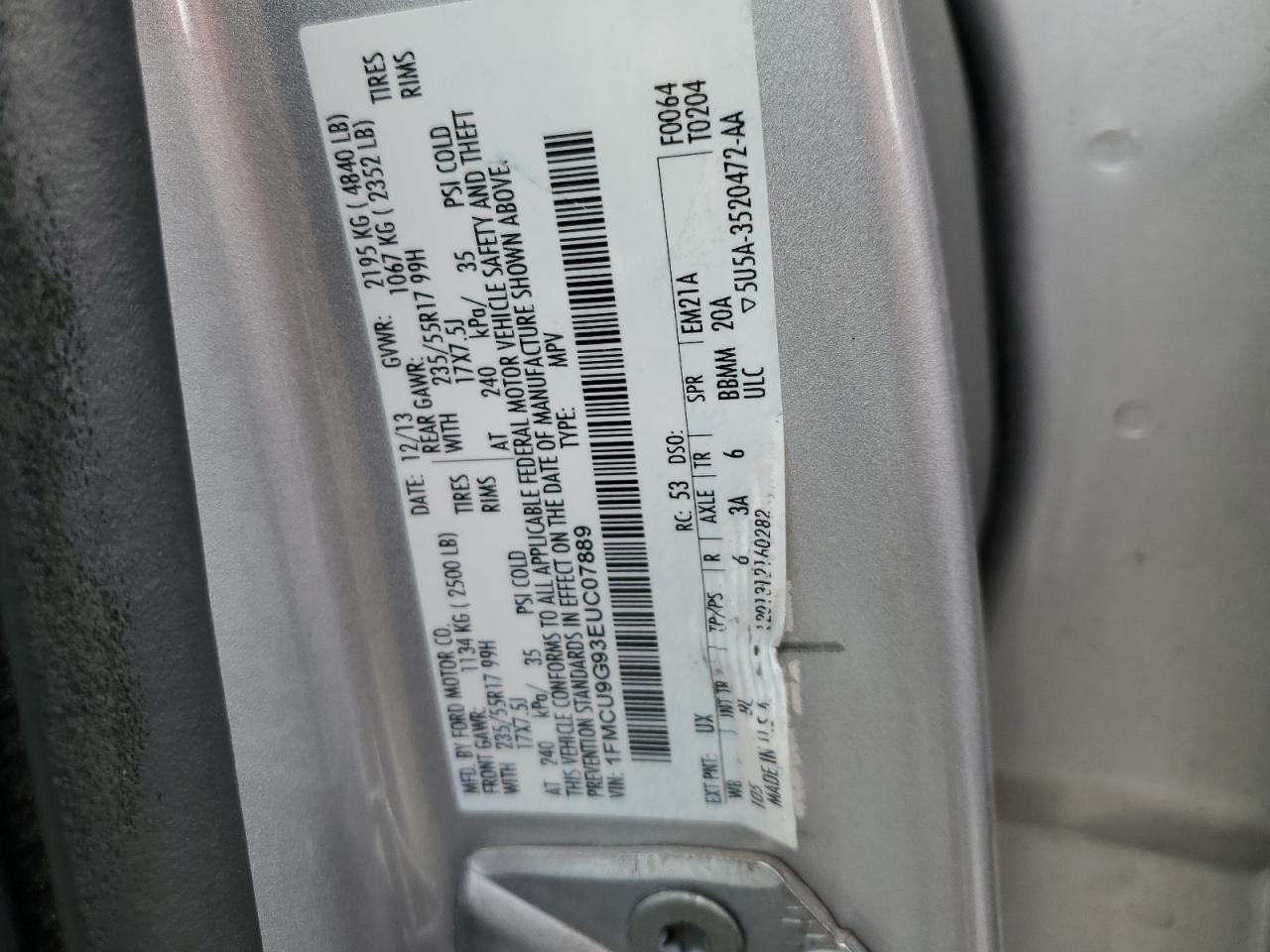 2014 Ford Escape VIN 1FMCU9G93EUC07889 Copart auction photo, front end damage thumbnail 13