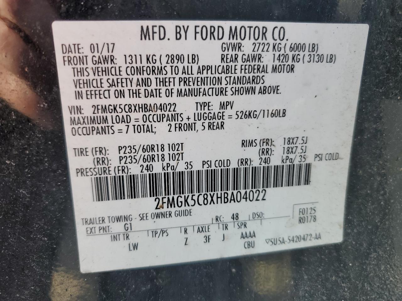 2017 Ford Flex VIN 2FMGK5C8XHBA04022 Copart auction photo, front end / side damage thumbnail 13