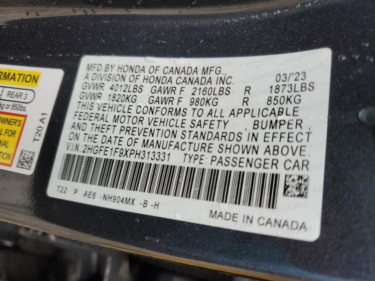 2023 Honda Civic VIN 2HGFE1F9XPH313331 Copart auction photo, front end / minor dent/scratches damage thumbnail 12