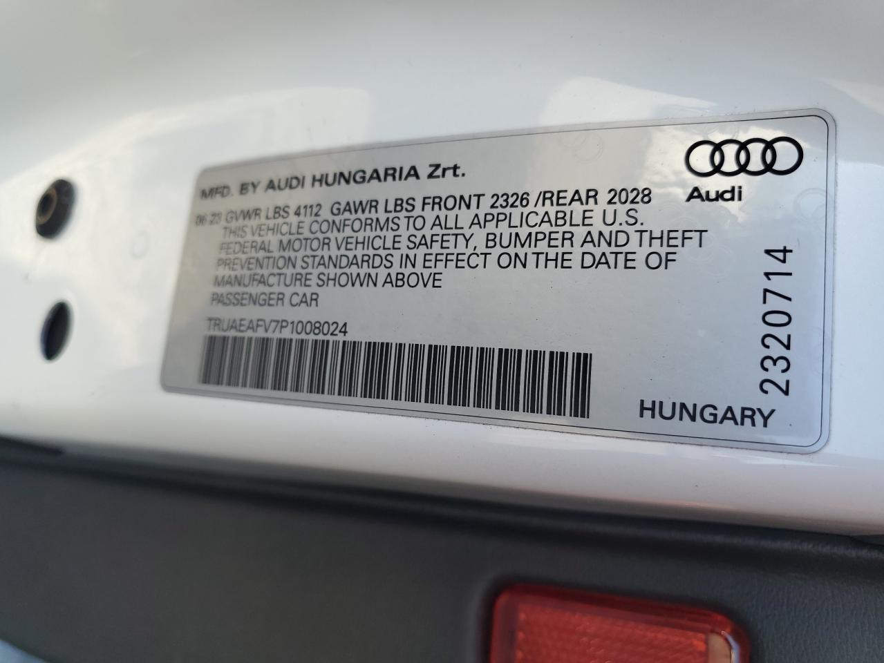 2023 Audi TT VIN TRUAEAFV7P1008024 Copart auction photo, water/flood damage thumbnail 12