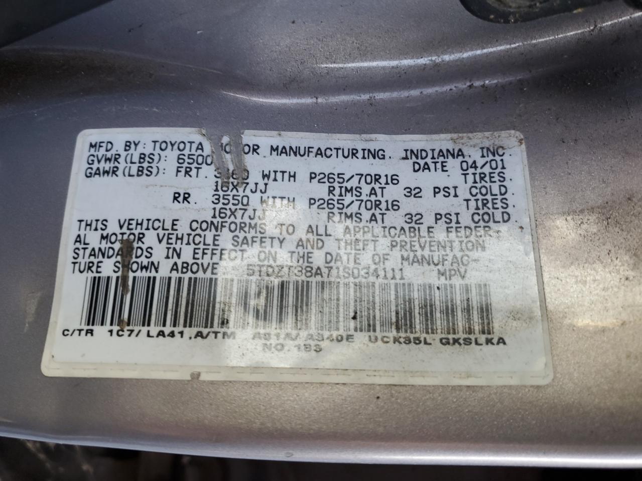 2001 Toyota Sequoia VIN 5TDZT38A71S034111 Copart auction photo, front end / rear end damage thumbnail 14