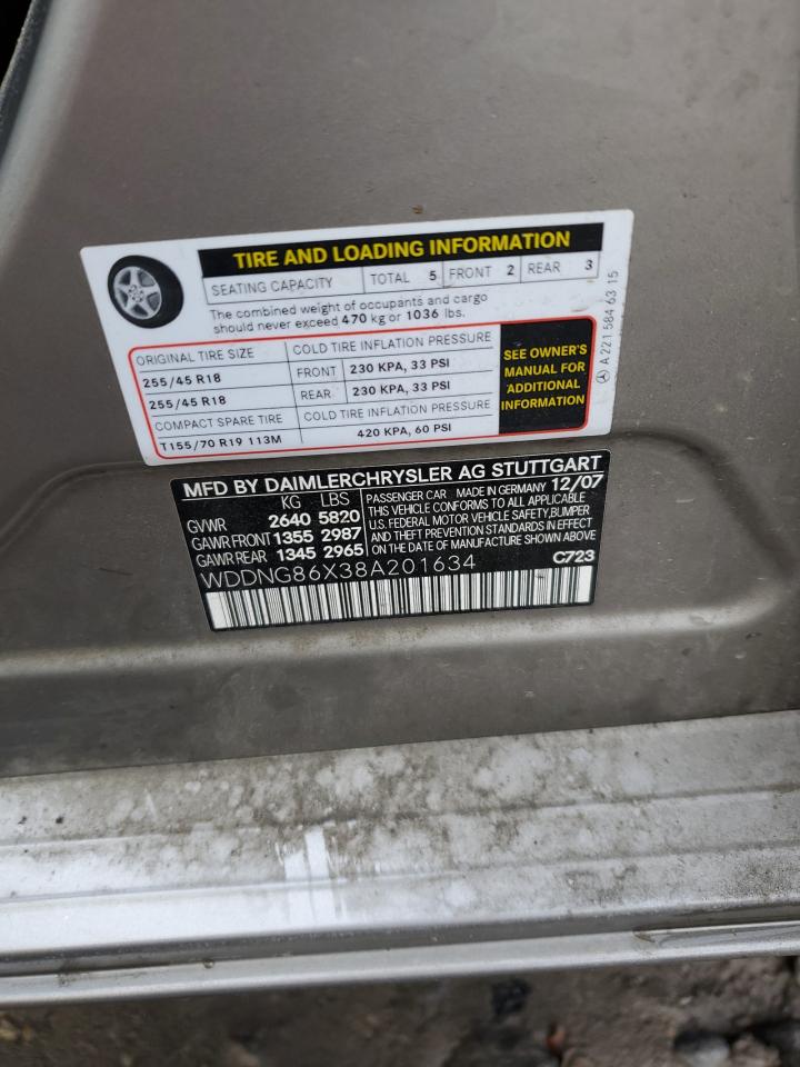 2008 Mercedes-Benz S-klasse VIN WDDNG86X38A201634 Copart auction photo, front end damage thumbnail 14